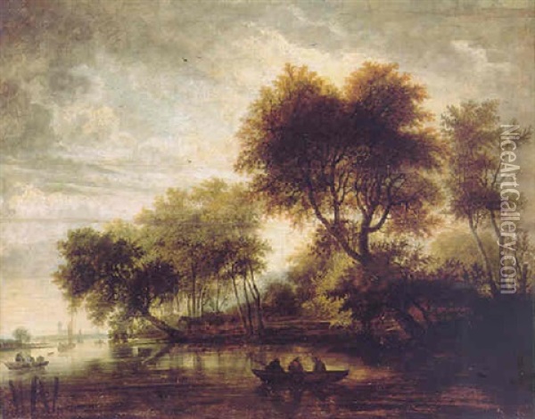A Wooded River Landscape With Numerous Figures In Rowing Boats And Barges, A Church Spire Seen Through The Trees Oil Painting - Salomon van Ruysdael