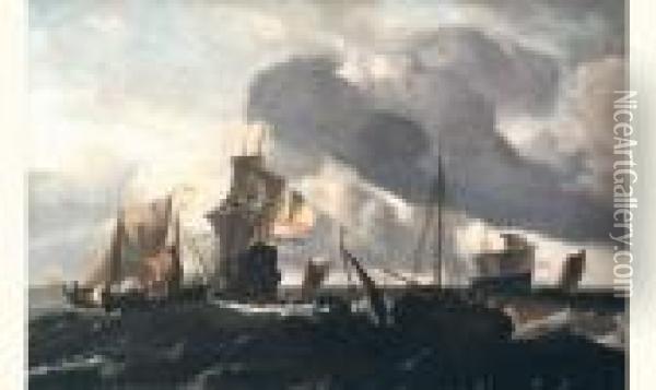 Bateau De Guerre Hollandais Et Autres Bateaux Sur Une Mer Agitee Oil Painting - Ludolf Backhuysen