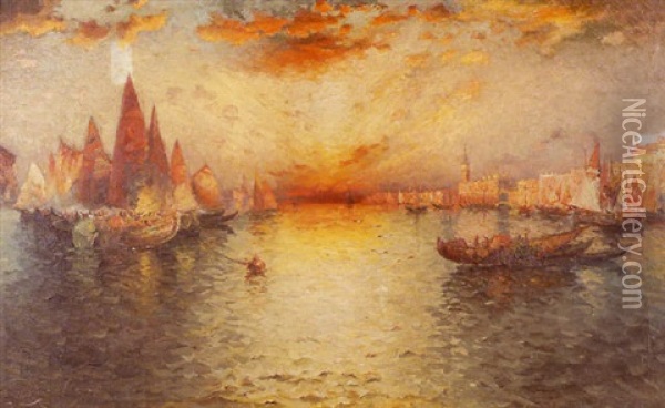 A Venetian Harbor Landscape Oil Painting - Richard Dey de Ribcowsky