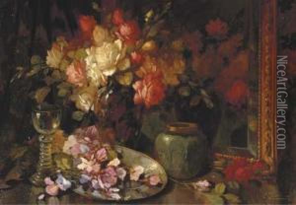 A Still Life With Roses, A Ginger Jar And A Glass Oil Painting - Kees Terlouw
