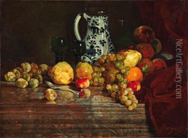 Composition Aux Fruits Et Au Pot Bleu Oil Painting - Denis Pierre Bergeret
