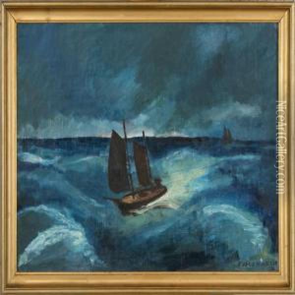 Cutters In Stormy Water. Signed Niels Hansen 32 Oil Painting - Niels Hansen