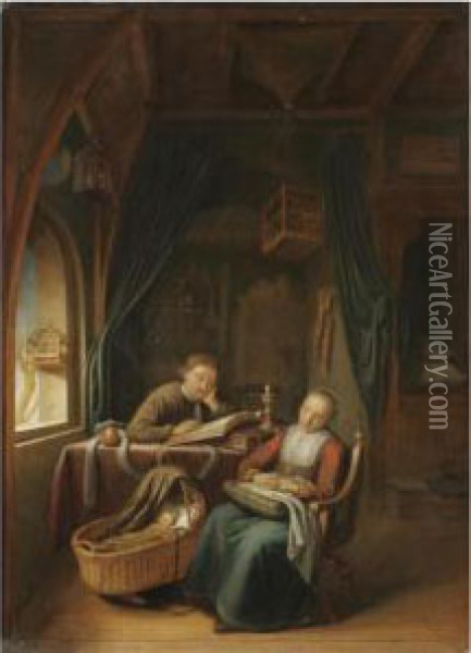 An Interior With A Man Reading, His Wife Snoozing In A Chair Beside Him Oil Painting - Pieter Cornelisz van Egmont