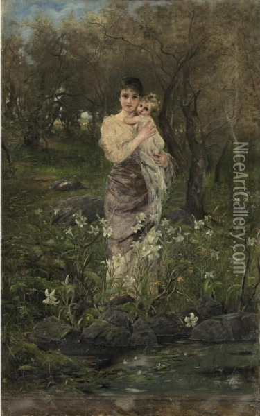 Mother And Her Child Among Lilies Oil Painting - Joszi Arpad, Jan Koppay