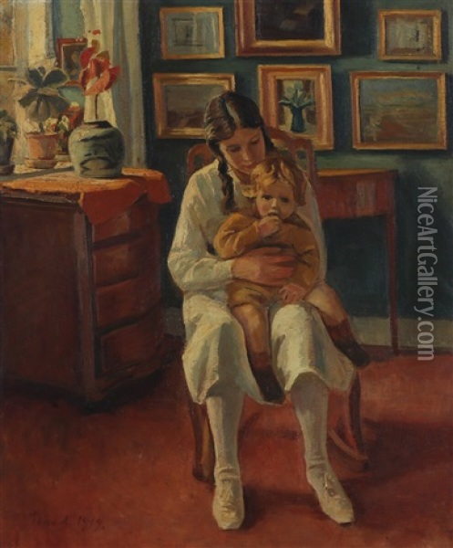 Interior With A Girl Sitting With A Smaller Child On Her Lap Oil Painting - Ludvig Find