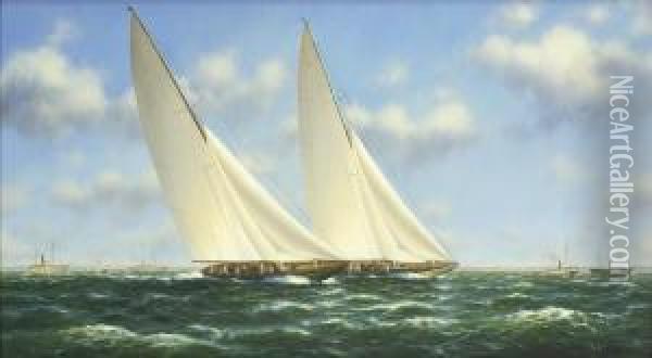 America's Cup J Class Yachts 
Racing With A Large Spectator Fleet Ofsteam Yachts In The Distance Oil Painting - J. Lewis