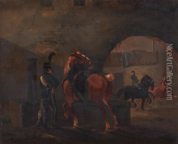 Zurcher Dragoner An Der Tranke Oil Painting - Johann Georg Schinz