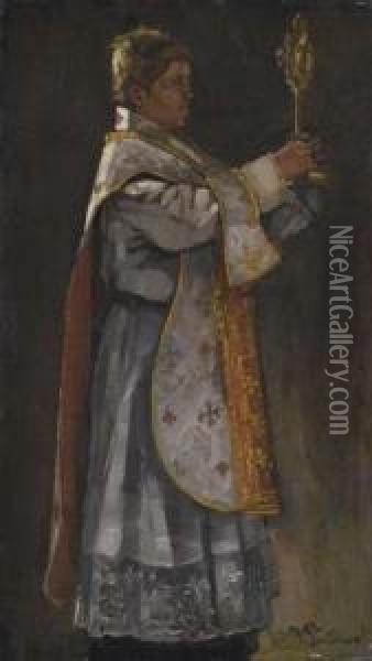Studie: Junger Priester Mit Monstranz. Oil Painting - Wilhelm Trubner