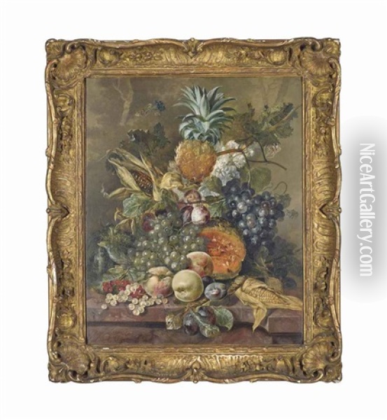 A Pineapple, Grapes, Peaches, Melons, Corn, Plums And Stocks On A Stone Ledge With Butterflies In A Landscape Oil Painting - Jacobus Linthorst