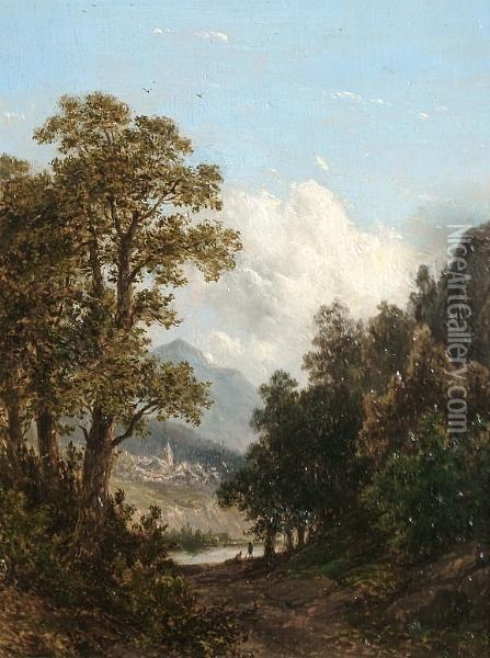 Figures On A Woodland Path, A Village Beyond Oil Painting - Josephus Gerardus Hans