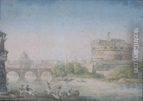 Veduta Del Tevere Con Pescatori Sullo Sfondo Di Castel San Angelo E San Pietro. Oil Painting - Franz Keiserman
