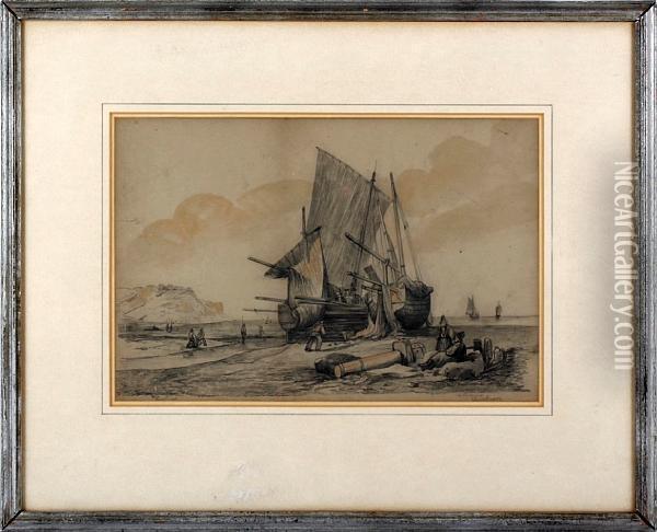 Hastings, Beached Fishing Vessels Oil Painting - Thomas Lound