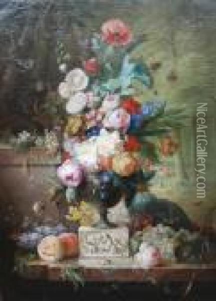 Still Life Of A Bouquet Of Flowers Inan Urn On A Ledge With Woodland Beyond Oil Painting - Jean-Baptiste Monnoyer