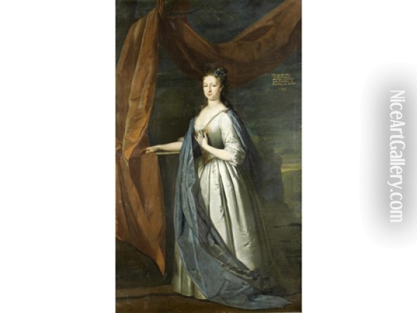 Portrait Of Frederica, Countess Fitzwalter, In A Silver Dress With A Blue Cloak, Standing Before A Draped Pillar, A Landscape Beyond Oil Painting - Joseph Highmore