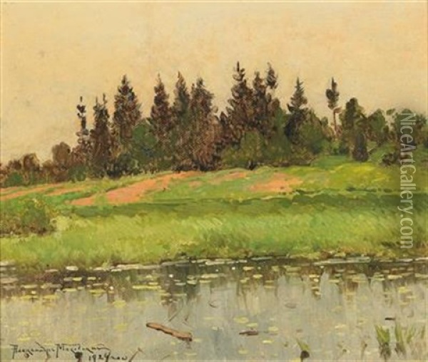 Small River Landscape Oil Painting - Alexandr Vladimirovich Makovsky