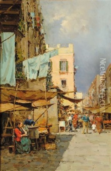 Strada Paesana Con Bancarelle Oil Painting - Giuseppe Pitto