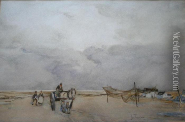 Fisherfolk On A Broad Beach Oil Painting - John Terris