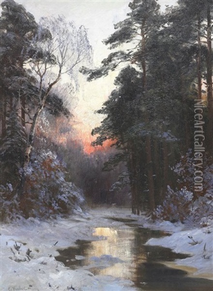 Winter Sunset On A Stream Oil Painting - Stanislav Yulianovich Zhukovsky