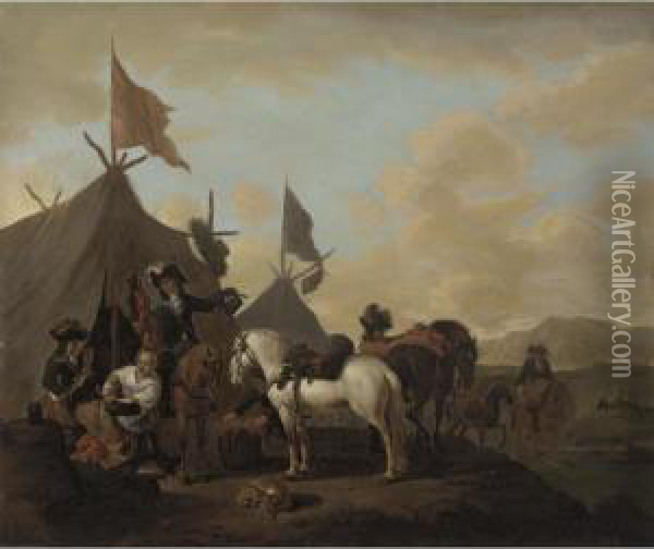 A Military Encampment With Soldiers Carousing Before A Tent Oil Painting - Evert Oudendijck