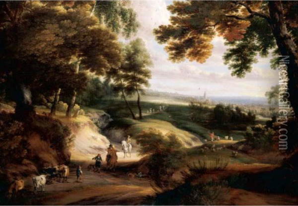 A Wooded Landscape With 
Huntsmen, Drovers And Cattle On A Track In The Foreground, A Church In 
The Distance Oil Painting - Jacques D Arthois