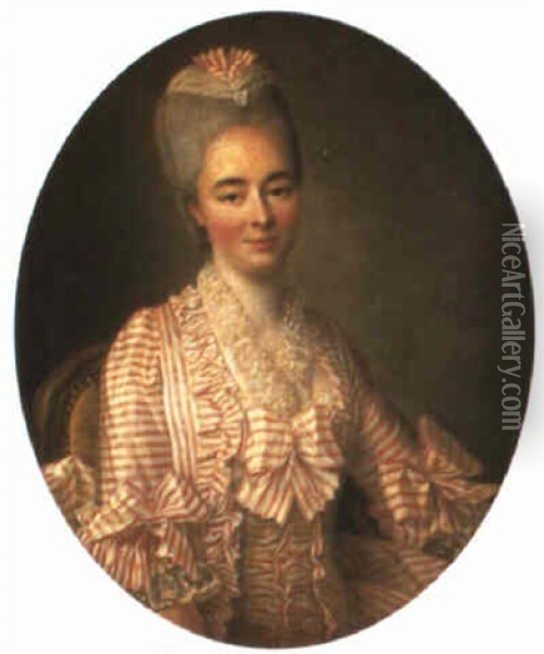 Portrait Of A Lady (yvonette Moulin De La Raciniere?) In A Striped Dress Oil Painting - Francois Hubert Drouais