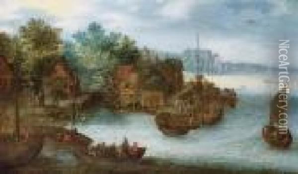 A Riverside Village With Figures In Barges, A View To A Church Beyond Oil Painting - Jan Brueghel the Younger