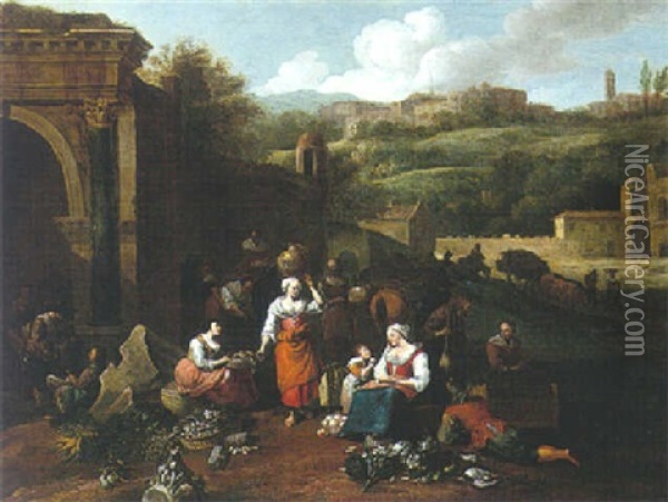 A Classical Landscape With Travellers Resting With Their Market Produce In Front Of Ruins Oil Painting - Hendrick Mommers