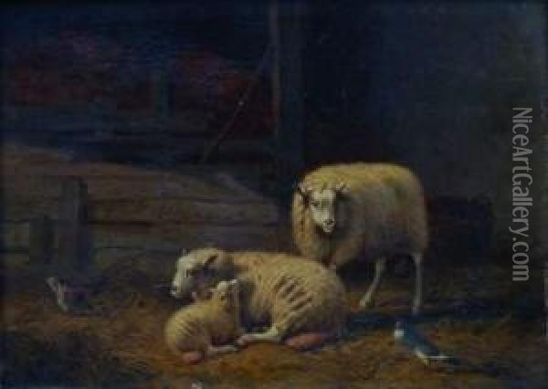 Moutons Dans La Bergerie. Oil Painting - Joseph Van Dieghem