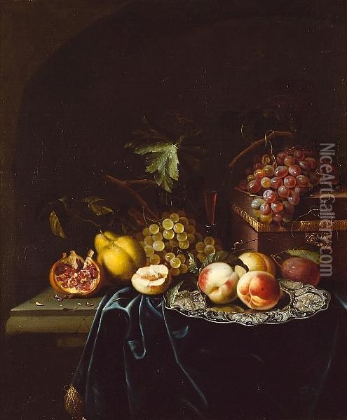 Peaches On A Salver With A Pomegranate, Grapes, A Pear And A Wine Glass, With A Casket And Grapes On A Draped Ledge Oil Painting - Johannes Borman