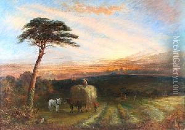 Haymaking Evening Over Sutton Coalfield, Near Handsworth Old Church Oil Painting - Henry Thomas Dawson