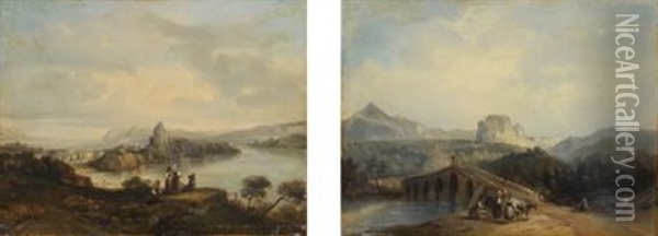 Vue De La Cote Amalfitaine (+ Paysage Au Pont; Pair) Oil Painting - Gaetano Gigante