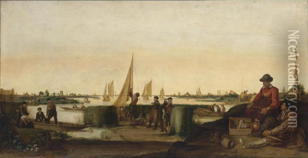 An Extensive River Landscape With Fishermen And Their Boats, A Couple With Their Ware In The Right Foreground Oil Painting - Arentsz van der Cabel