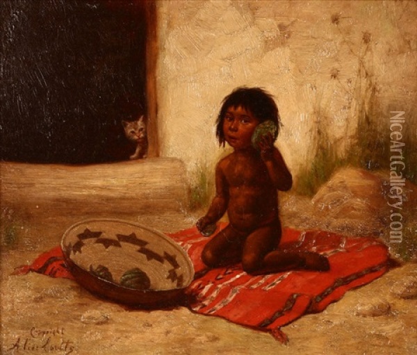 Sea Murmurs, Young Indian Child Listening To Echo In Seashells Oil Painting - Alice Coutts