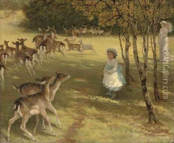 Feeding the deer in the park Oil Painting - William Samuel Jay