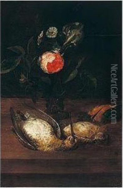 Still Life Of A Rose And Iris In
 A Roemer, Together With A Kingfisher, A Thrush And A Snipe, Upon A 
Table Top Oil Painting - Frans Ykens