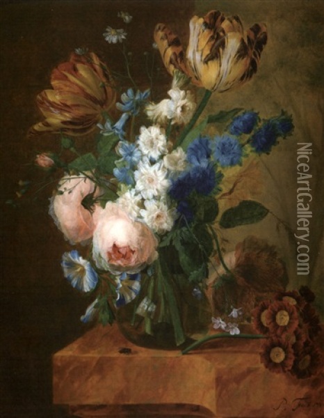 Nature Mort Au Bouquet Dans Un Vase En Verre Sur Un Entablement De Marbre Oil Painting - Pieter Faes
