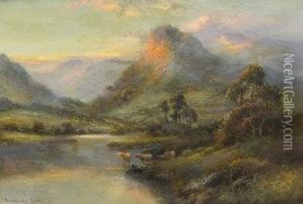 Cattle Watering In A Highland Loch At Sunset Oil Painting - Douglas Stewart