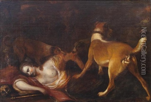 Koningin Lucretia Aangevallen Door Honden Oil Painting - Adriaen Cornelisz Beeldemaker