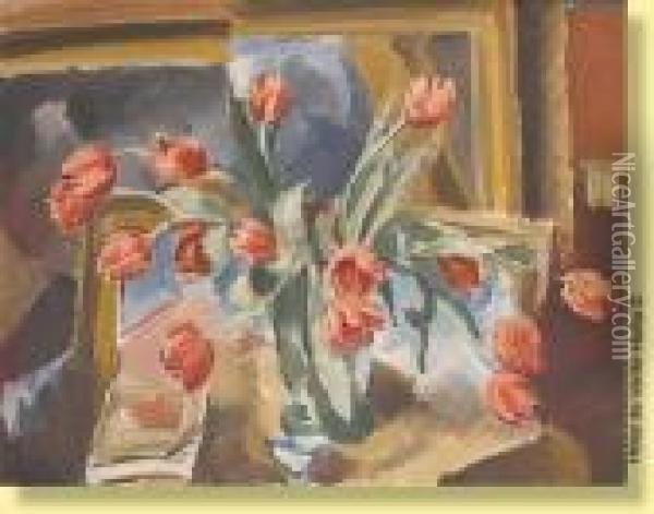Vase Fleuri De Tulipes Roses Oil Painting - Albert Claes-Thobois