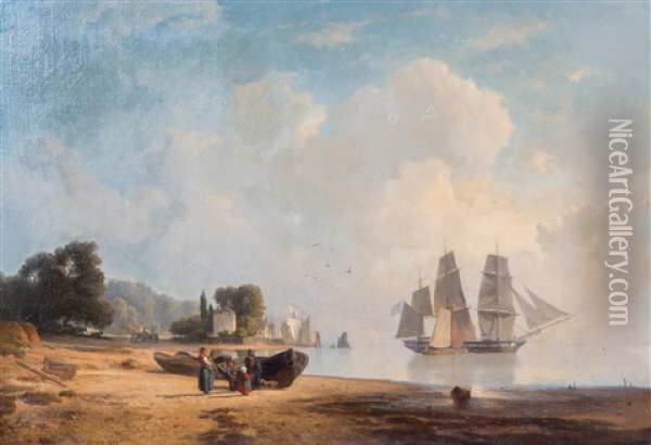 Low Tide At The Elbe, With A Threemaster Under American Flag Oil Painting - Hermann Mevius