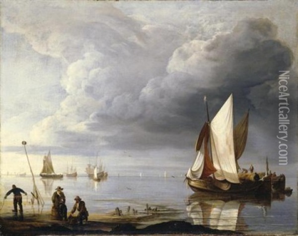 Small Dutch Vessels In A Calm, Men Collecting Mussels On The Shore Oil Painting - Hendrik Jacobsz Dubbels