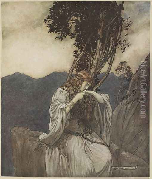 Brunnhilde kisses the ring that Siegfried has left with her, illustration from Siegfried and the Twilight of the Gods, 1924 Oil Painting - Arthur Rackham