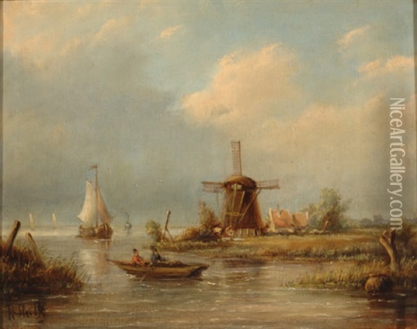 Wind Mill By The Water With A Small Boat In The Foreground Oil Painting - Hendrik Hulk