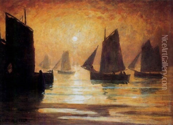 Barques De Peche Par Grand Calme Au Soleil Couchant Oil Painting - Charles Cottet