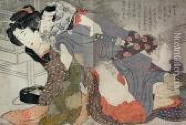 Fisherman And A Young Woman Oil Painting - Katsushika Hokusai