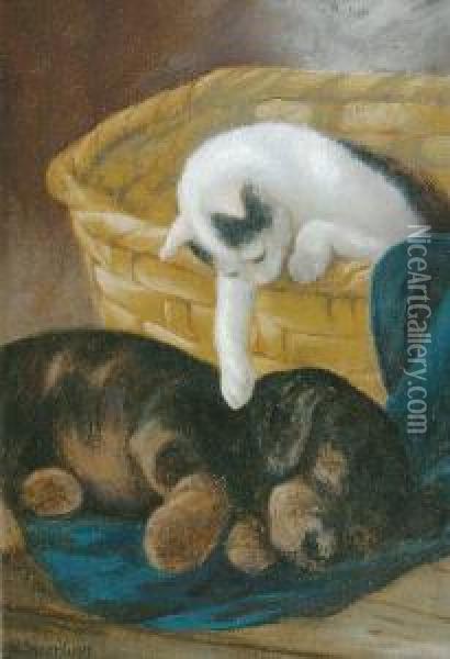 Junger Hund Und Katze In Trautem Einvernehmen Oil Painting - Heinrich Sperling