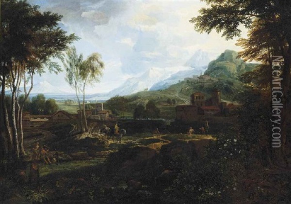 An Italianate Wooded River Landscape With Travellers On A Track And Figures At Rest On The Bank, Mountains Beyond Oil Painting - Johannes (Jan) Glauber
