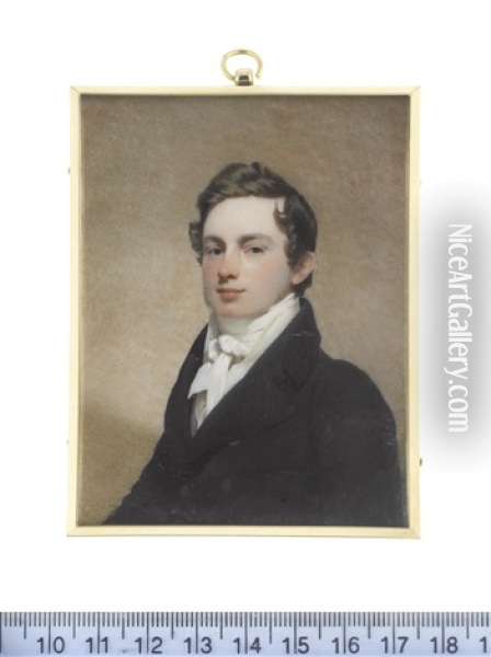 A Young Gentleman Of The Harwood Family, Wearing Dark Blue Coat, White Waistcoat, Chemise, Stock And Tied Cravat Oil Painting - Andrew Robertson