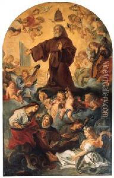 Saint Francis Of Paula In Glory, Attended By Angels And Saints, Ina Painted Arch Oil Painting - Theodor Van Thulden