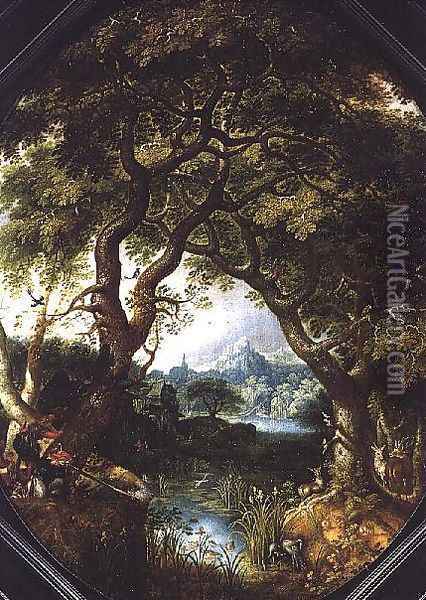 A Wooded Landscape with Hunters by a Stream Oil Painting - Jacob I Savery